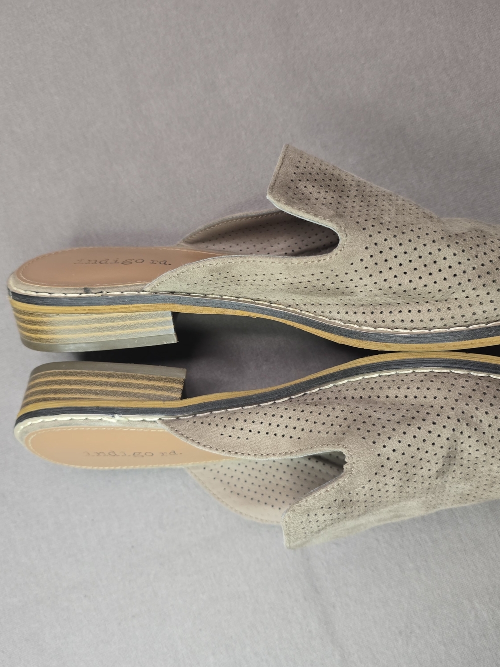 Indigo Taupe Perforated Pointed Toe Slip-On Mules - Picture 4 of 7